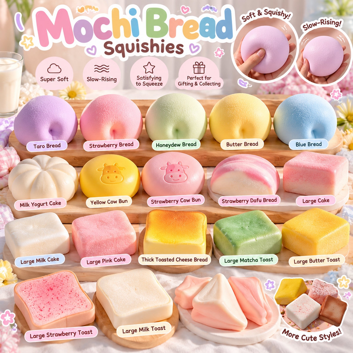Soft Food Squishies – Slow-Rising Mochi Bread Sensory Toys