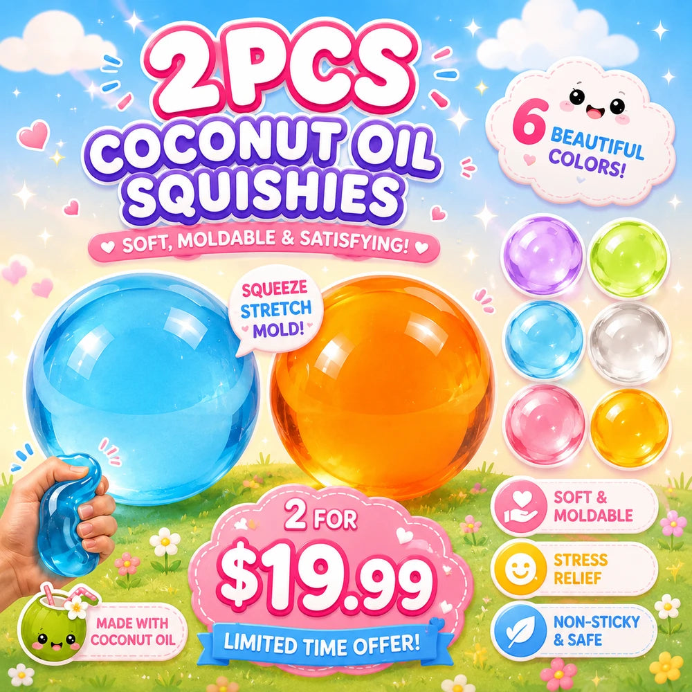 Coconut oil squishy stress ball by Squishyland, a soft, no-rebound sensory fidget toy designed for stress relief and tactile fun.