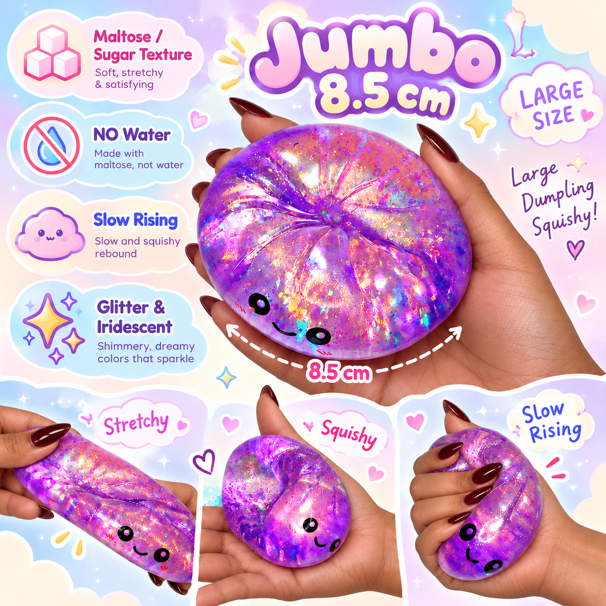 Squishyland jumbo glitter sugar dumpling squishy, 8.5cm maltose-inspired slow-rising sensory fidget toy with sparkling glitter finish.