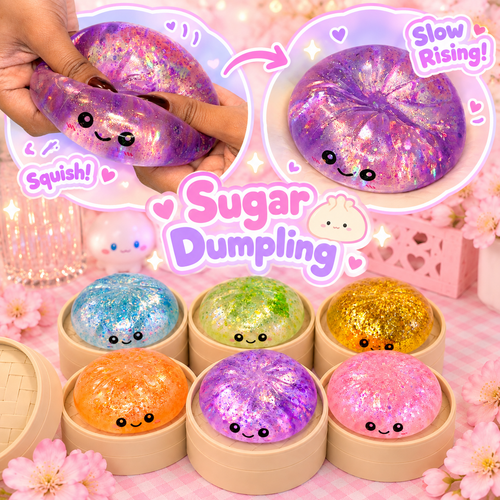 Jumbo Glitter Sugar Dumpling Squishy from Squishyland, 8.5cm slow-rising maltose sensory fidget toy with sparkling glitter finish.