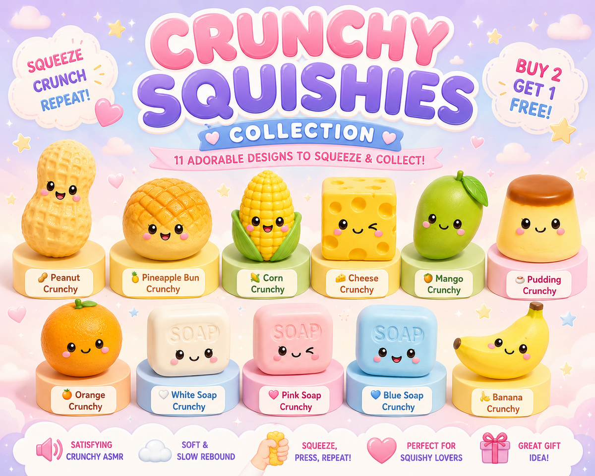 Colorful Crunchy Squishies by Squishyland, soft sensory toys with slow rebound for satisfying ASMR and tactile fun.