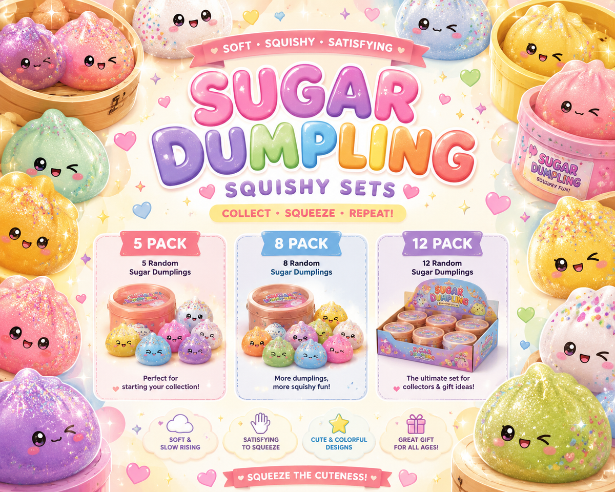 Squishyland Sugar Dumpling squishy toy set with 5, 8, or 12 soft, colorful stress balls for sensory and fidget play.