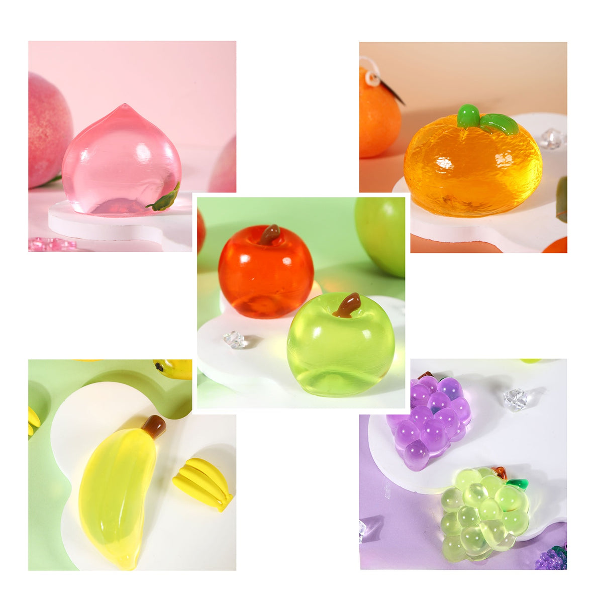 5-Piece Crystal Fruit Taba Squishy Set – Soft Sensory Stress Relief Toys