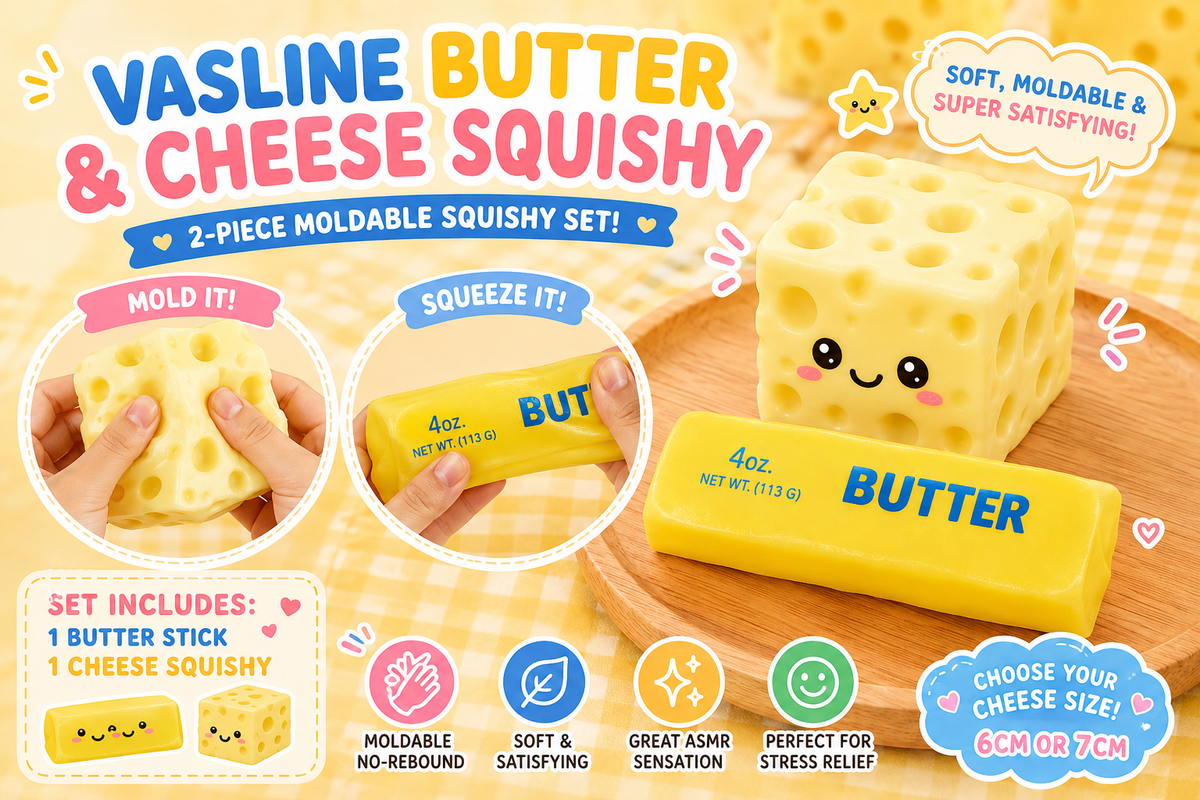 Vaseline Butter & Cheese squishy toys from Squishyland, moldable stress balls for sensory play and fidgeting.