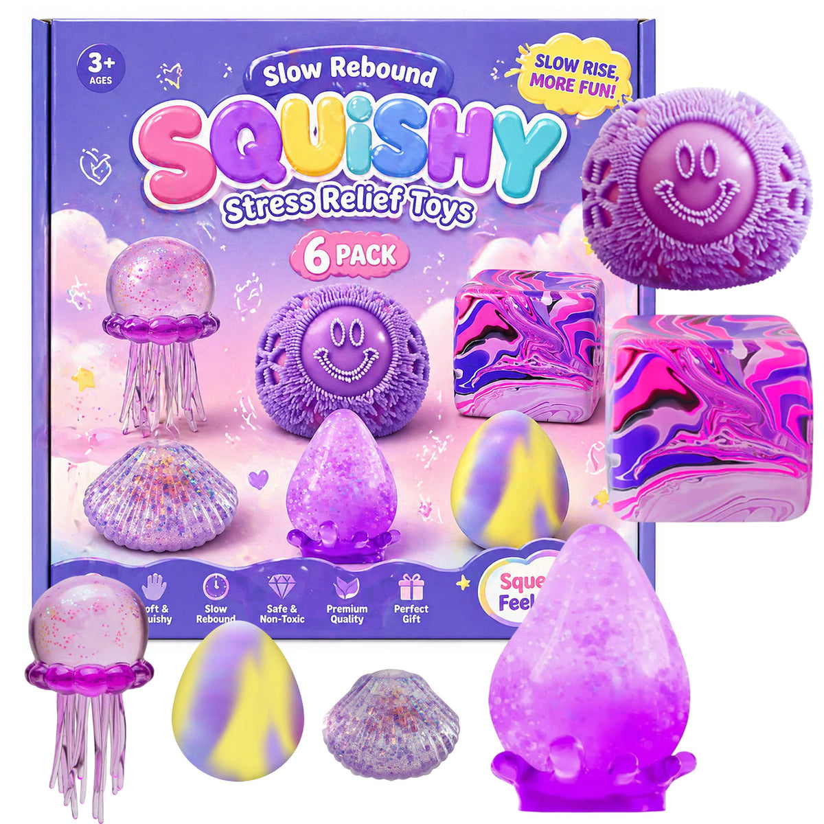 6-Piece Squishy Box Set – Assorted Slow Rising Sensory Toys