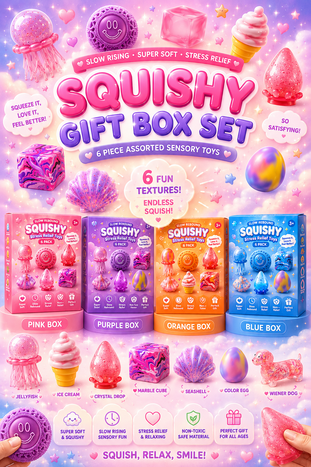 6-Piece Squishy Box Set – Assorted Slow Rising Sensory Toys