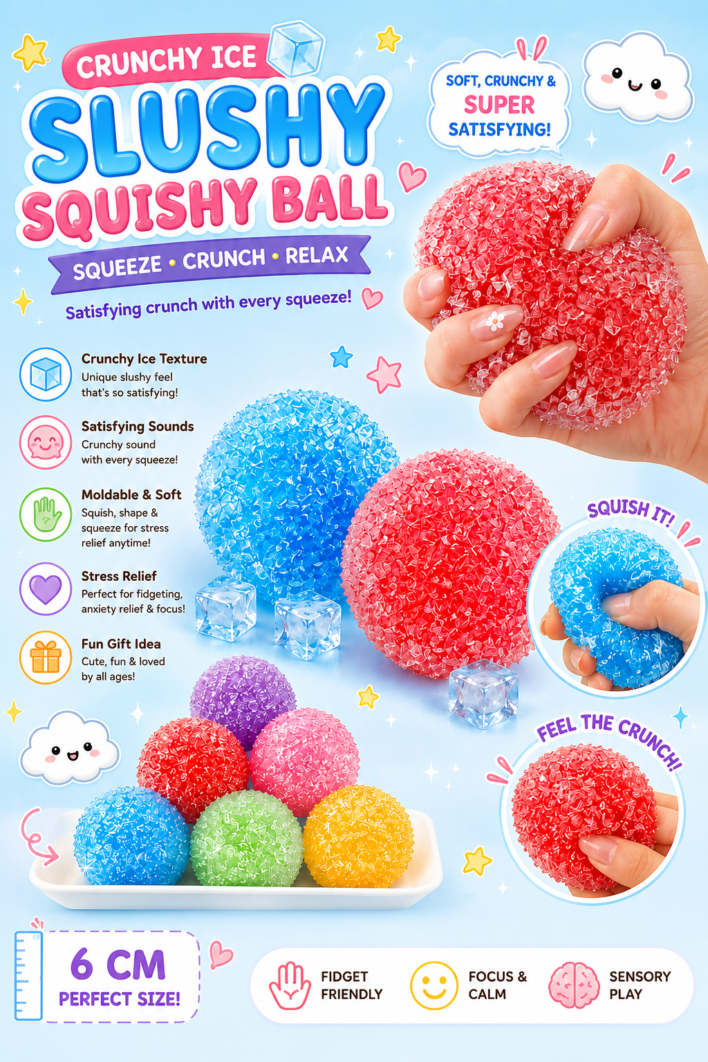 Crunchy Ice Slushy Squishy Ball – Sensory Stress Relief Toy