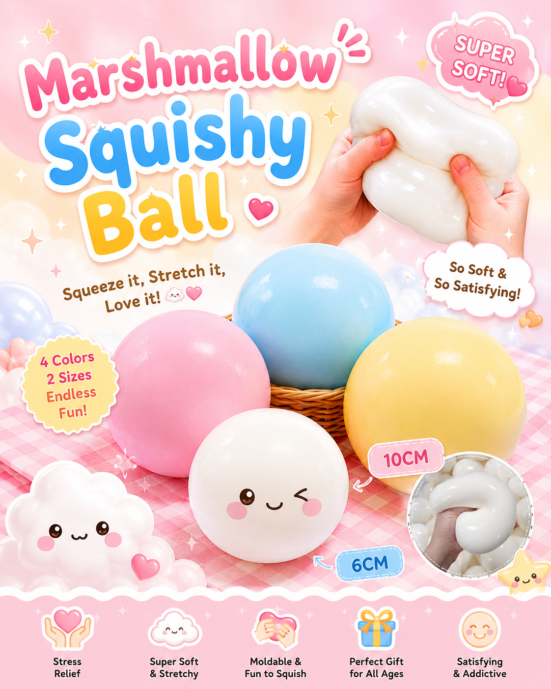 Marshmallow Ball Squishy – Super Soft Stretchy Sensory Toy